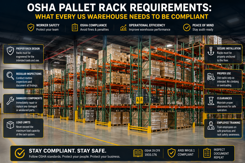 OSHA pallet rack requirements guide showing warehouse rack load placards, aisle clearance, anchoring rules, and ANSI MH16.1 compliance