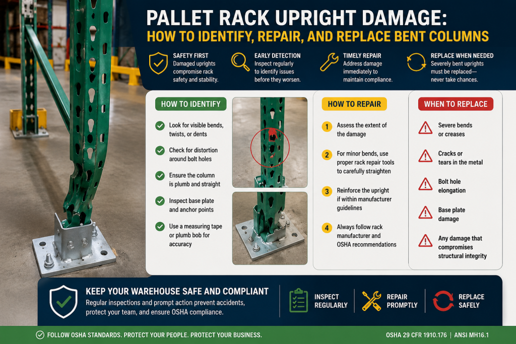 Bent pallet rack upright showing forklift impact damage with comparison of repair versus replacement for OSHA-compliant warehouse safety