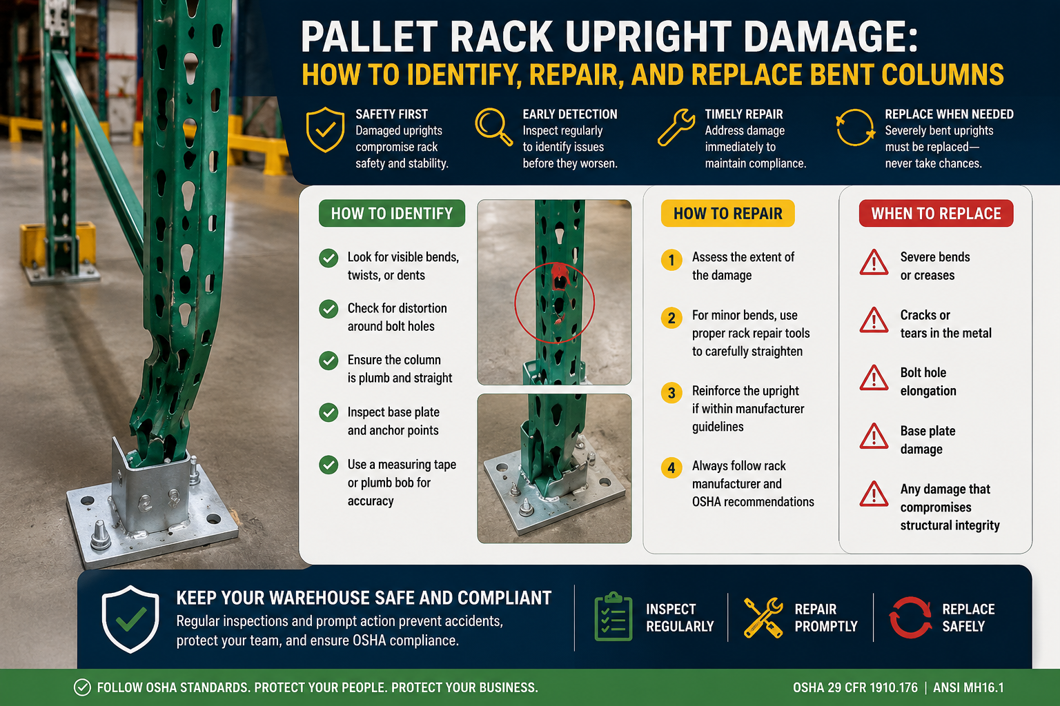 Bent pallet rack upright showing forklift impact damage with comparison of repair versus replacement for OSHA-compliant warehouse safety