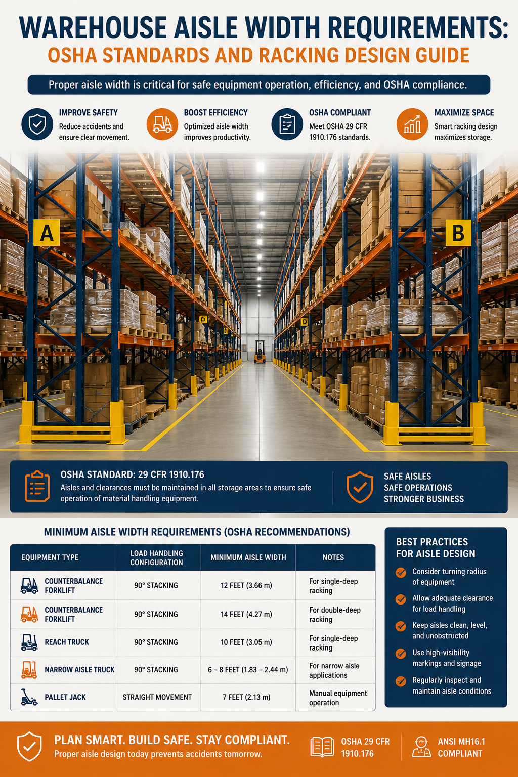 Warehouse aisle width requirements showing pallet racks, forklift clearance, and OSHA-compliant aisle layout