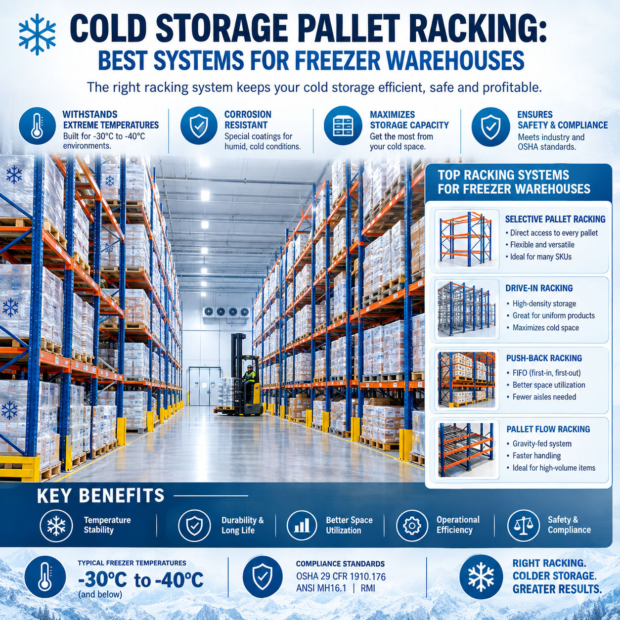 Cold storage pallet racking system inside a freezer warehouse with high-density pallet storage
