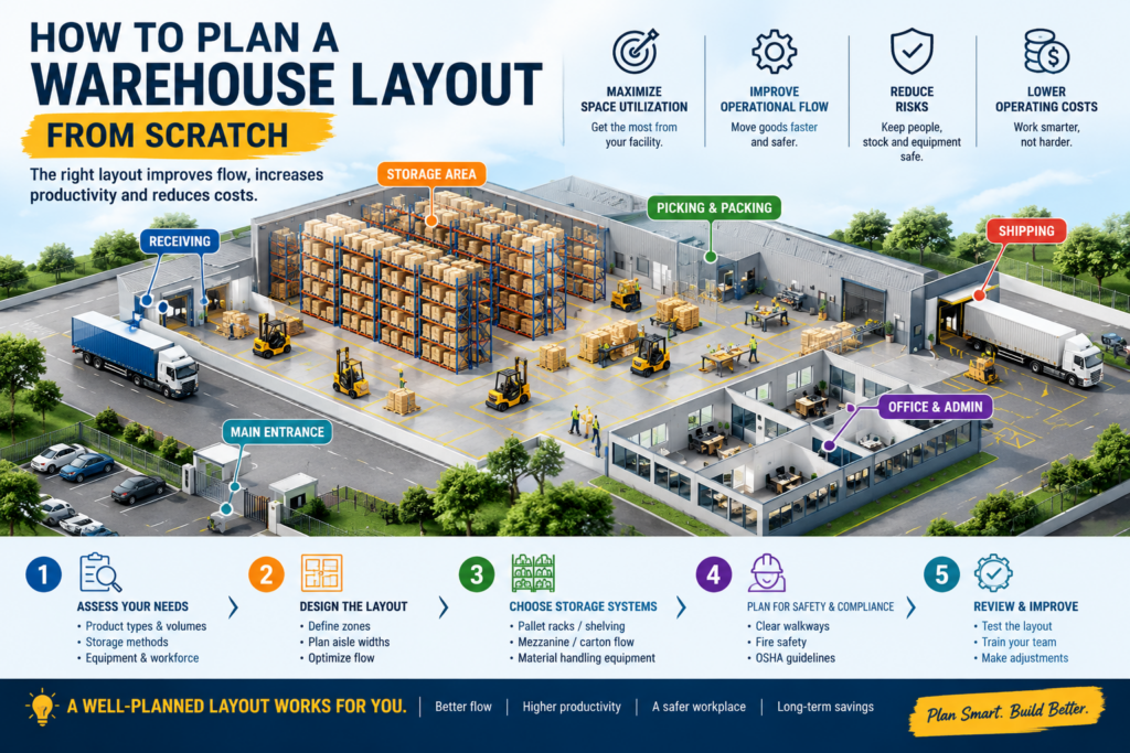 Warehouse layout showing pallet racking, forklift aisles, storage zones, and efficient material flow
